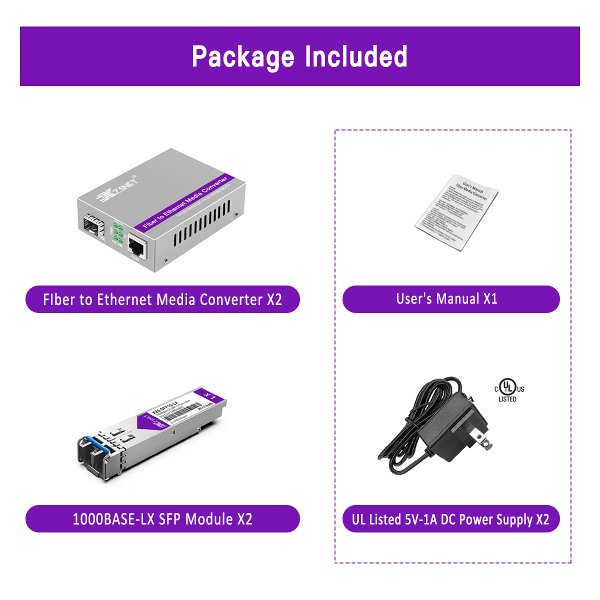 A Pair of 1.25G/s Gigabit Single-Mode Dual LC Fiber to Ethernet RJ45 Media Converter for 10/100/1000Base-Tx to 1000Base-LX (with 2PCS SFP to LC Module), 1310nm, SMF, up to 20-km