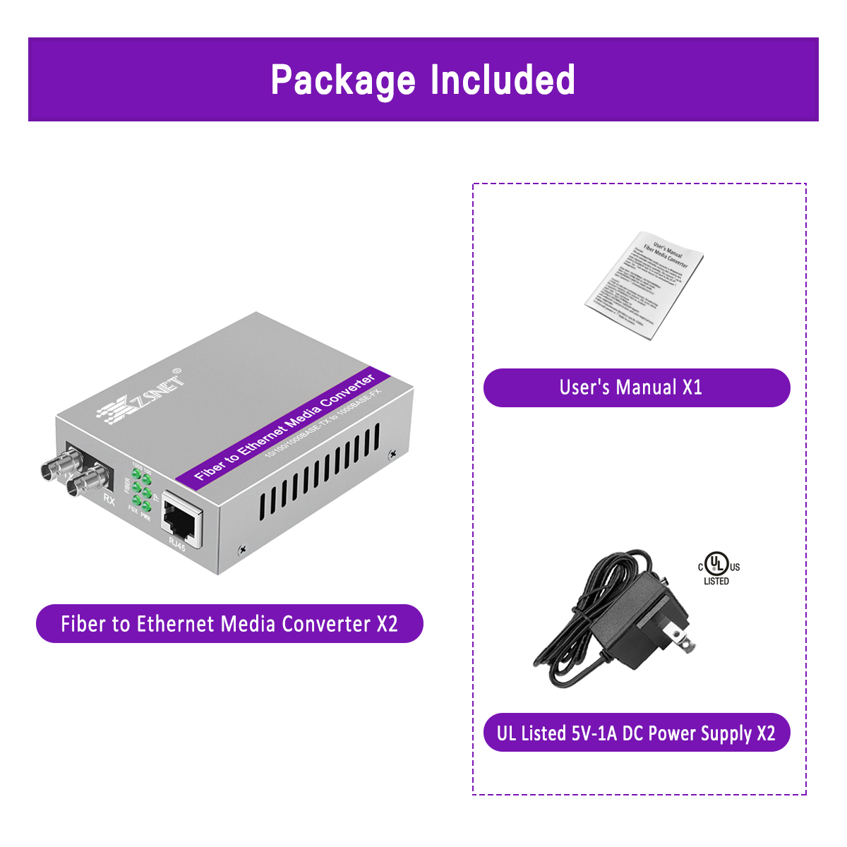 A Pair of Gigabit ST to RJ45 Converter, Single-Mode Fiber to Ethernet Media Converter (Built-in Module, 1310nm, 20km), Plug & Play, 10/100/1000 Base-T Compatible, Auto-Negotiation, Jumbo Frame