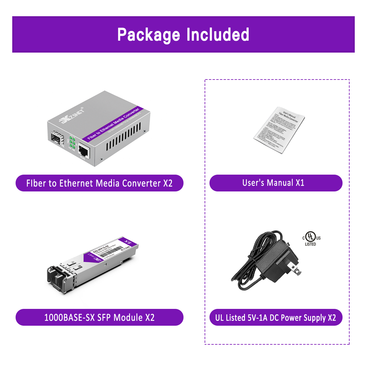 A Pair of 1.25G/s Gigabit Multi-Mode Dual LC Fiber to Ethernet RJ45 Media Converter for 10/100/1000Base-Tx to 1000Base-SX (with 2PCS SFP to LC Module), 850nm, MMF, up to 550-m
